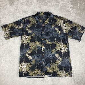 Cellinni‎ Silk Hawaiian Shirt Medium Black Palm Button Up Short Sleeve Resort